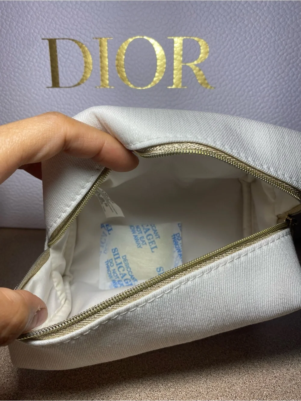 Dior Cream Cosmetic Pouch with Gold Logo